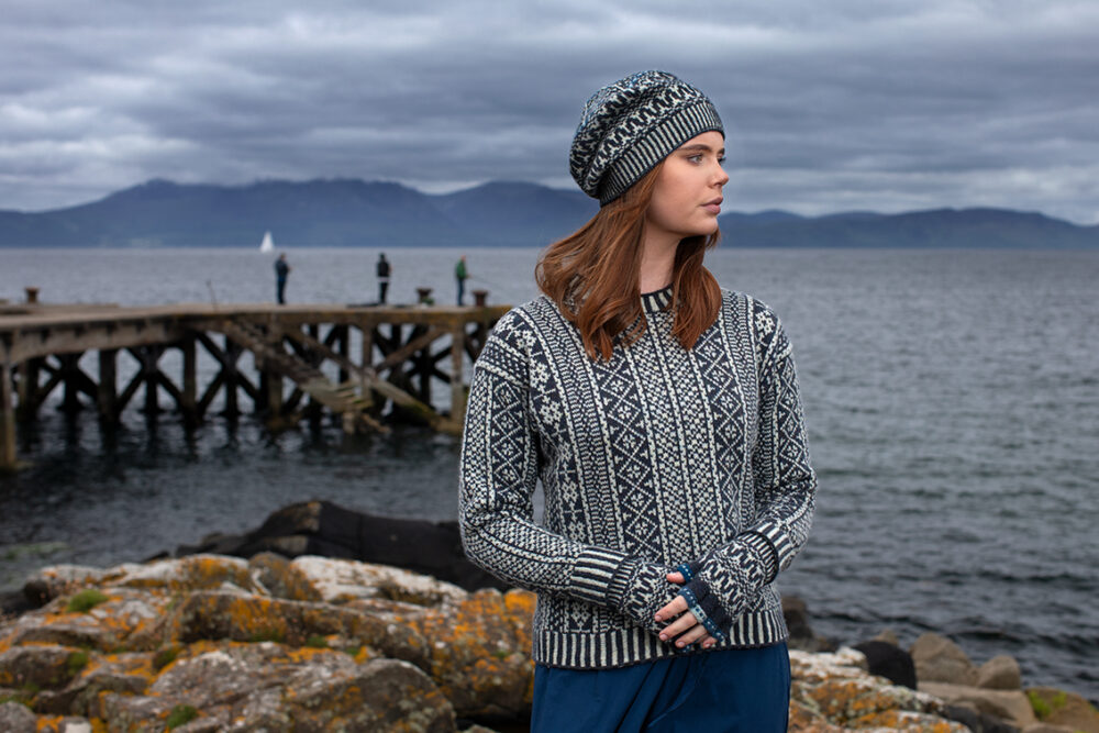 The Faroe pullover and Hirta Hat Set patterncard kit designs by Alice Starmore in Hebridean 2 Ply