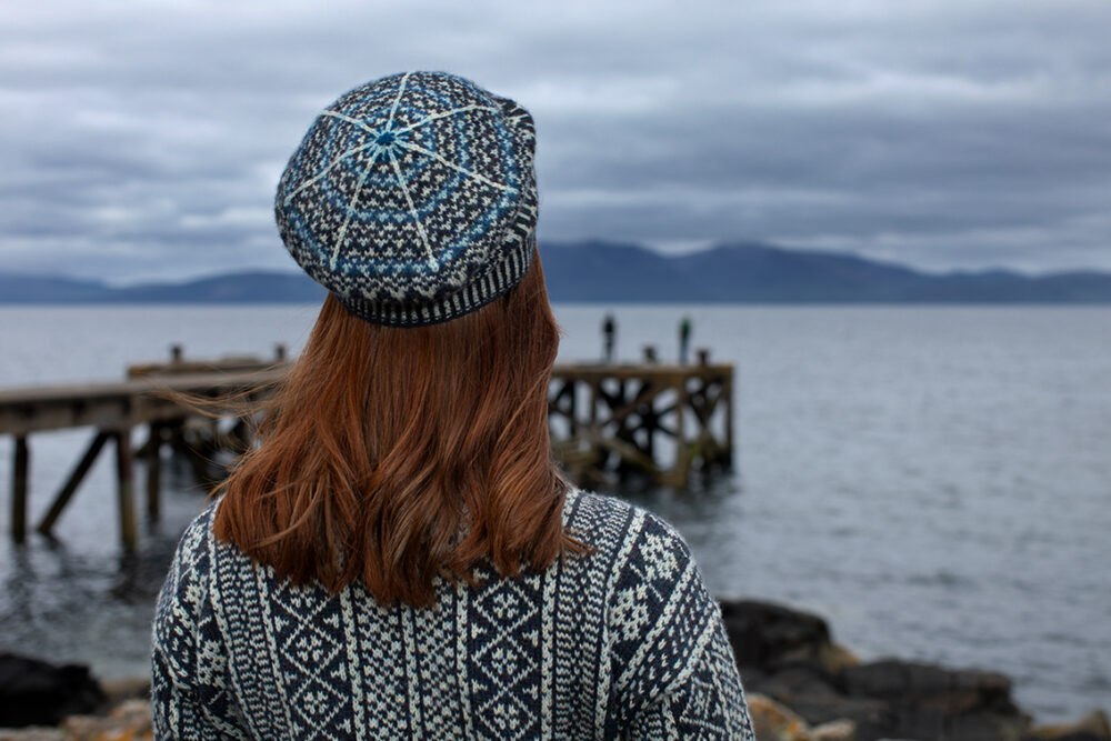 The Faroe pullover and Hirta Hat Set patterncard kit designs by Alice Starmore in Hebridean 2 Ply