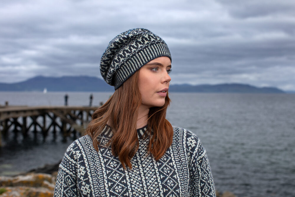 The Faroe pullover and Hirta Hat Set patterncard kit designs by Alice Starmore in Hebridean 2 Ply