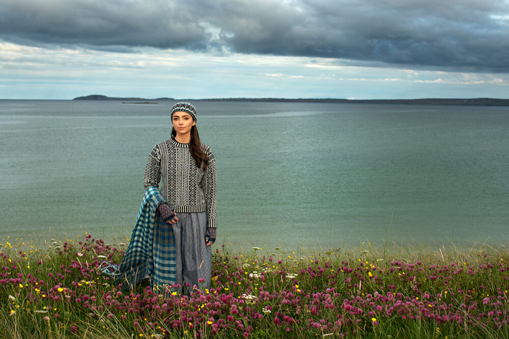 The Faroe pullover, Hat Trick Hat, Hirta Gloves and Oiseabhal Wrap patterncard kit designs by Alice Starmore in Hebridean 2 Ply