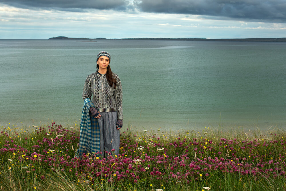 The Faroe pullover, Hat Trick Hat, Hirta Gloves and Oiseabhal Wrap patterncard kit designs by Alice Starmore in Hebridean 2 Ply
