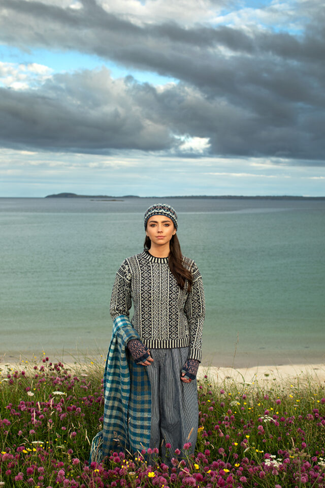 The Faroe pullover, Hat Trick Hat, Hirta Gloves and Oiseabhal Wrap patterncard kit designs by Alice Starmore in Hebridean 2 Ply