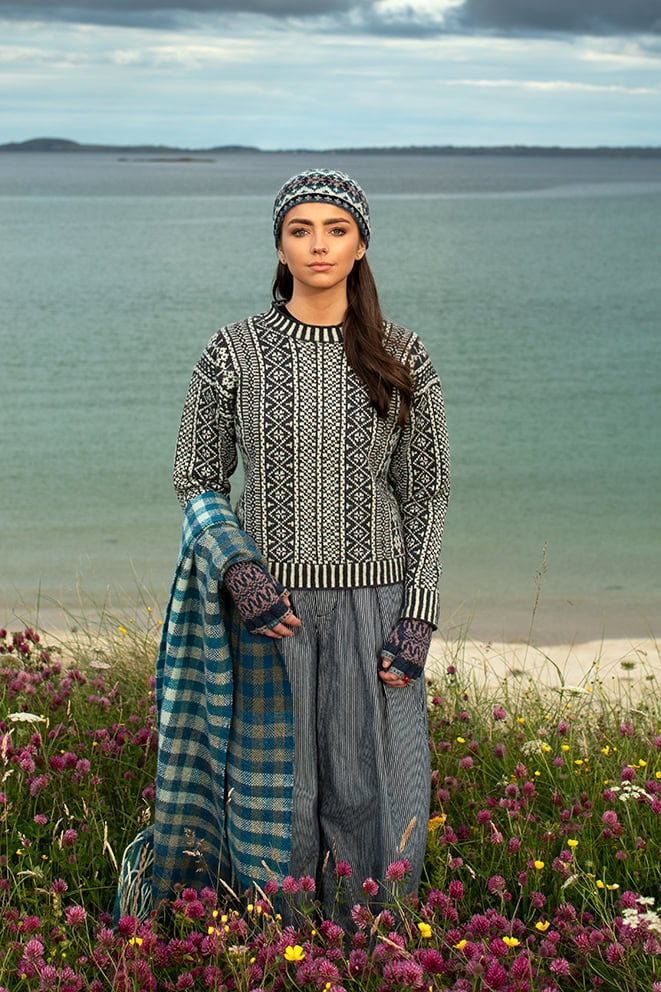 The Faroe pullover, Hat Trick Hat, Hirta Gloves and Oiseabhal Wrap patterncard kit designs by Alice Starmore in Hebridean 2 Ply