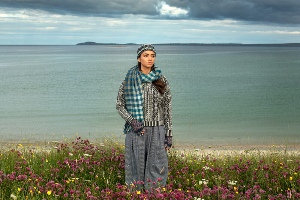 The Faroe pullover, Hat Trick Hat, Hirta Gloves and Oiseabhal Wrap patterncard kit designs by Alice Starmore in Hebridean 2 Ply