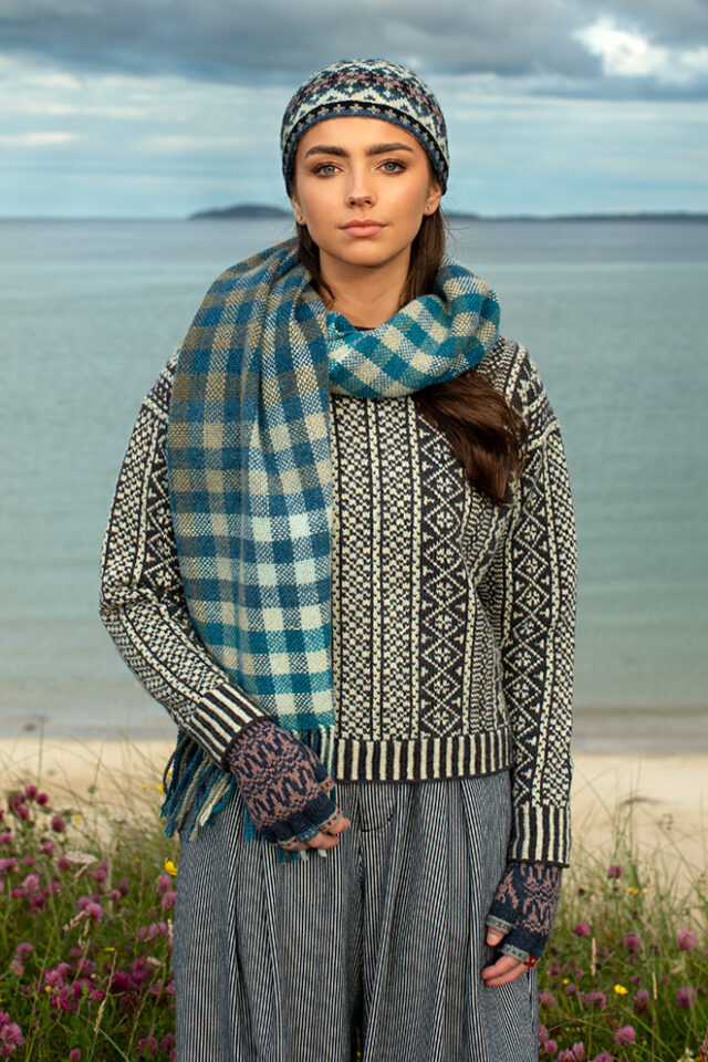 The Faroe pullover, Hat Trick Hat, Hirta Gloves and Oiseabhal Wrap patterncard kit designs by Alice Starmore in Hebridean 2 Ply