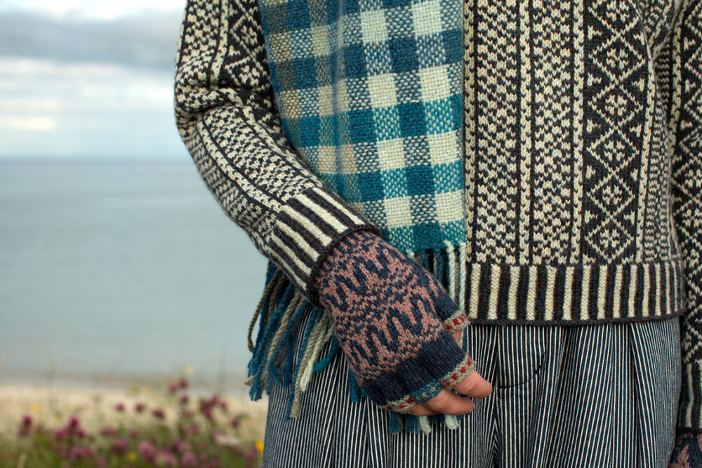 The Faroe pullover, Hat Trick Hat, Hirta Gloves and Oiseabhal Wrap patterncard kit designs by Alice Starmore in Hebridean 2 Ply