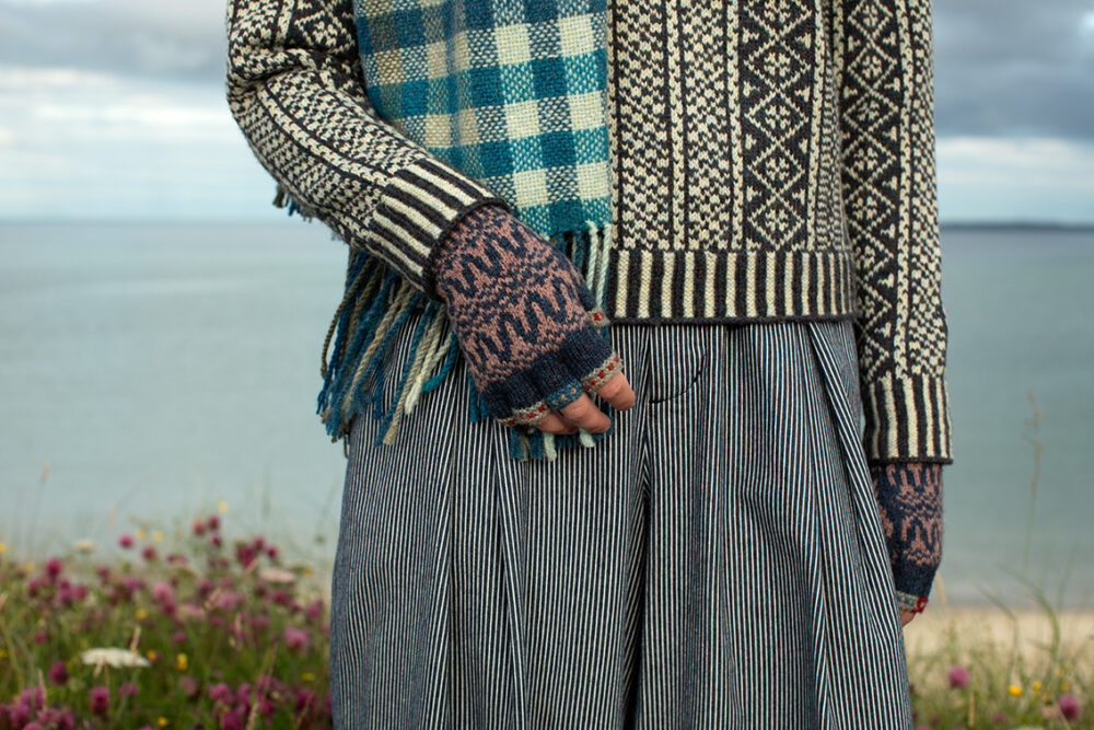 The Faroe pullover, Hat Trick Hat, Hirta Gloves and Oiseabhal Wrap patterncard kit designs by Alice Starmore in Hebridean 2 Ply
