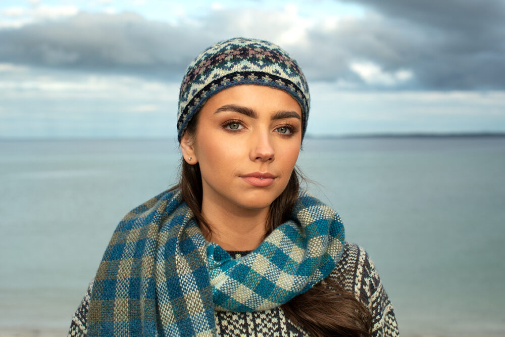 The Faroe pullover, Hat Trick Hat, Hirta Gloves and Oiseabhal Wrap patterncard kit designs by Alice Starmore in Hebridean 2 Ply