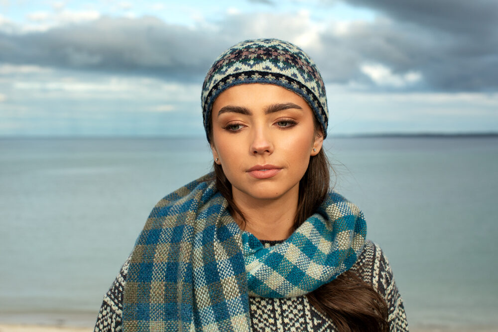 The Faroe pullover, Hat Trick Hat, Hirta Gloves and Oiseabhal Wrap patterncard kit designs by Alice Starmore in Hebridean 2 Ply