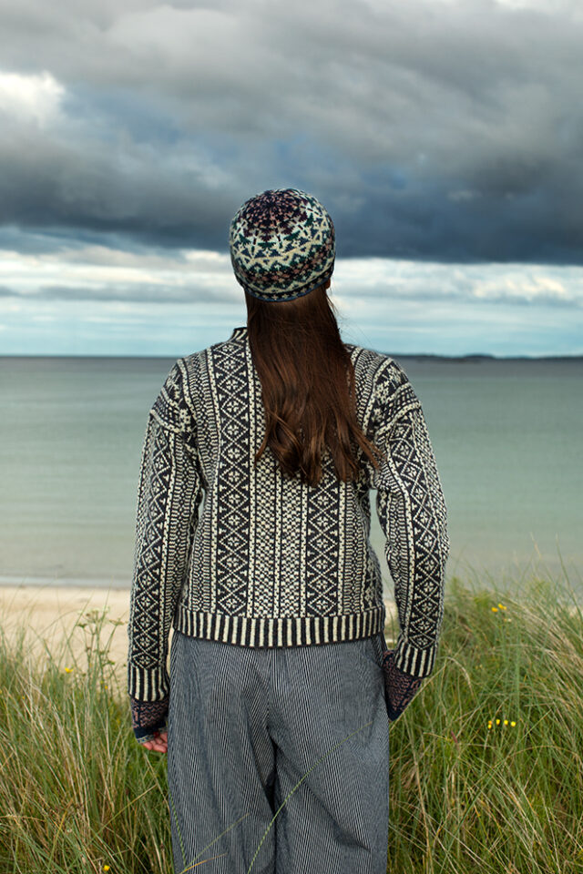 The Faroe pullover, Hat Trick Hat and Hirta Gloves patterncard kit designs by Alice Starmore in Hebridean 2 Ply