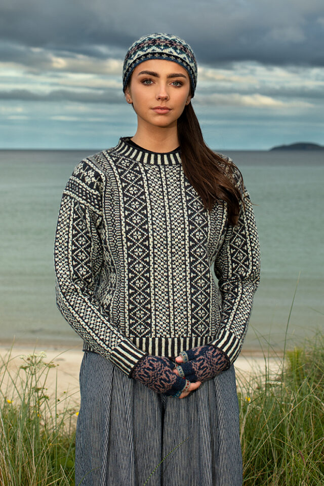 The Faroe pullover, Hat Trick Hat and Hirta Gloves patterncard kit designs by Alice Starmore in Hebridean 2 Ply