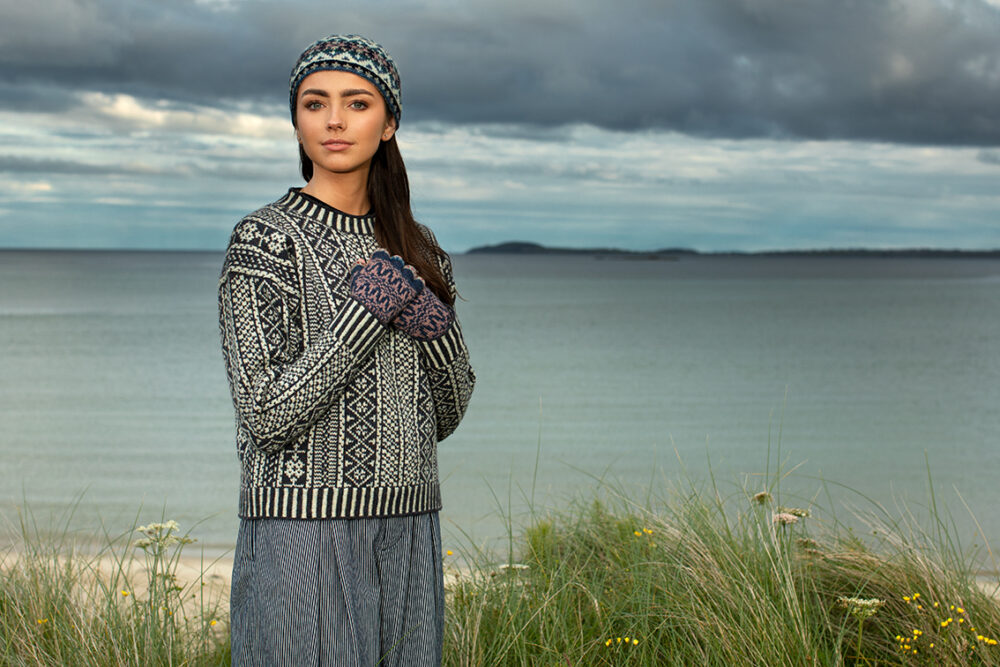 The Faroe pullover, Hat Trick Hat and Hirta Gloves patterncard kit designs by Alice Starmore in Hebridean 2 Ply
