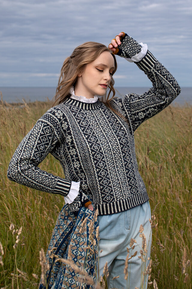 The Faroe pullover, Hirta Gloves and Ripple Wrap patterncard kit designs by Alice Starmore in Hebridean 2 Ply