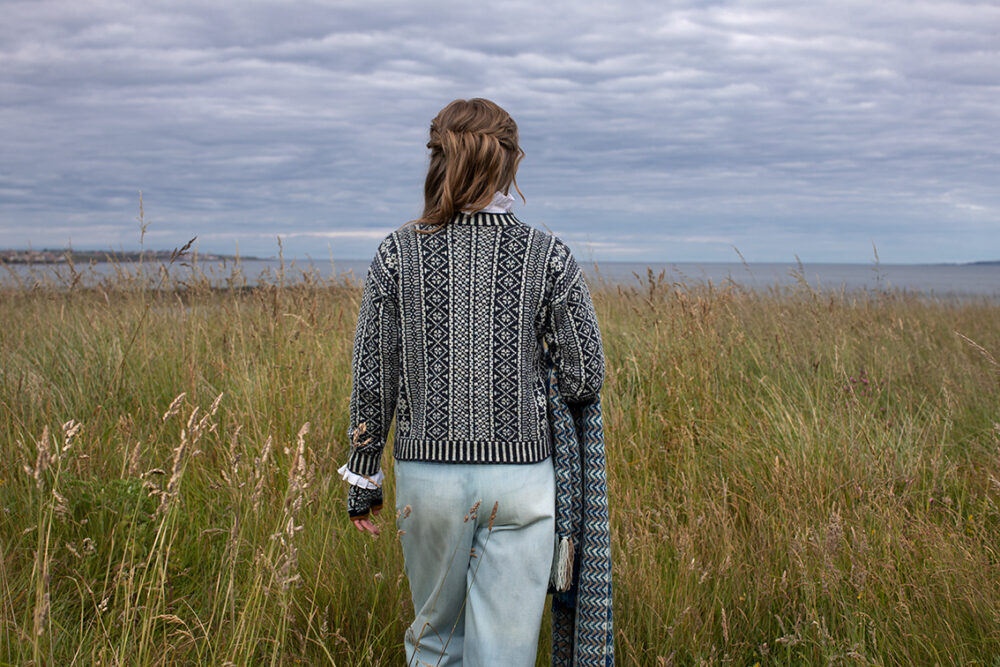 The Faroe pullover, Hirta Gloves and Ripple Wrap patterncard kit designs by Alice Starmore in Hebridean 2 Ply