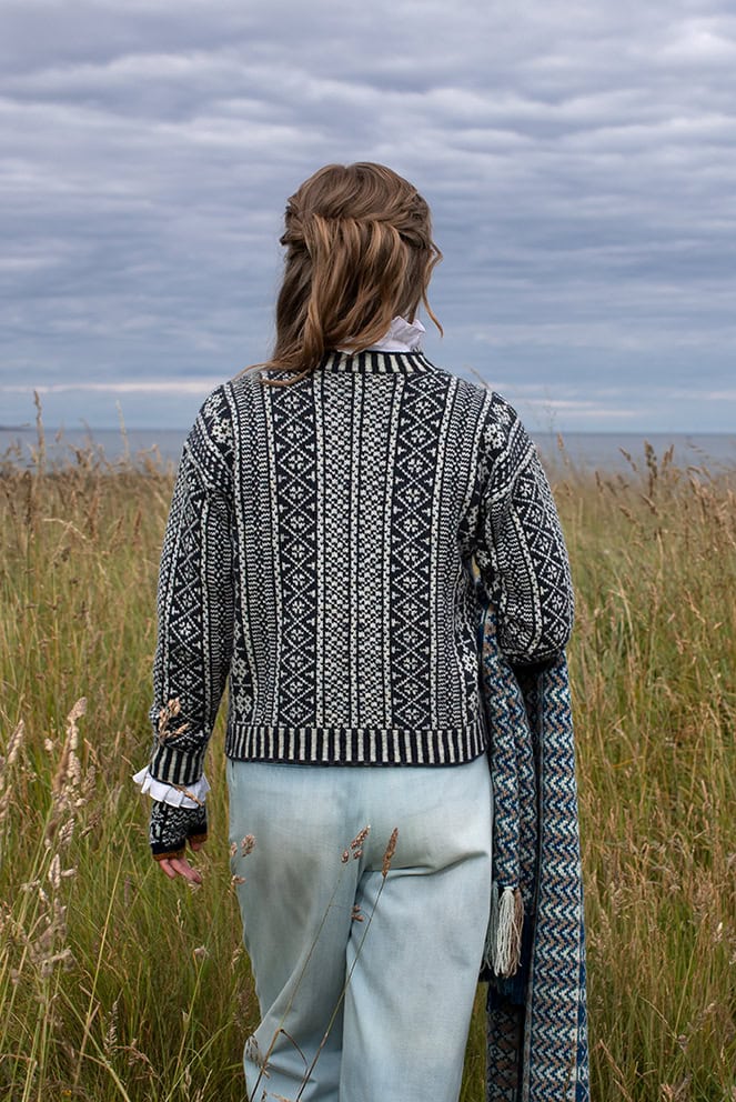 The Faroe pullover, Hirta Gloves and Ripple Wrap patterncard kit designs by Alice Starmore in Hebridean 2 Ply