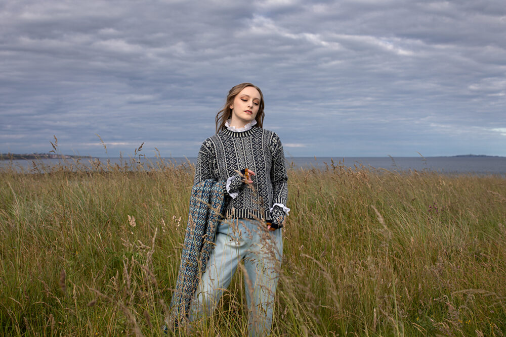 The Faroe pullover, Hirta Gloves and Ripple Wrap patterncard kit designs by Alice Starmore in Hebridean 2 Ply