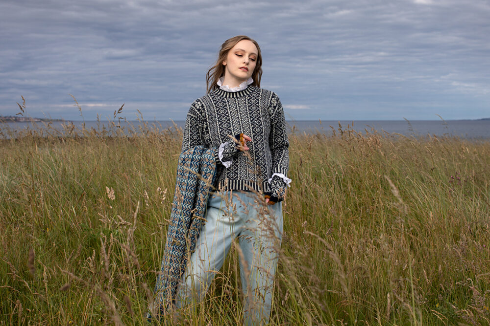 The Faroe pullover, Hirta Gloves and Ripple Wrap patterncard kit designs by Alice Starmore in Hebridean 2 Ply