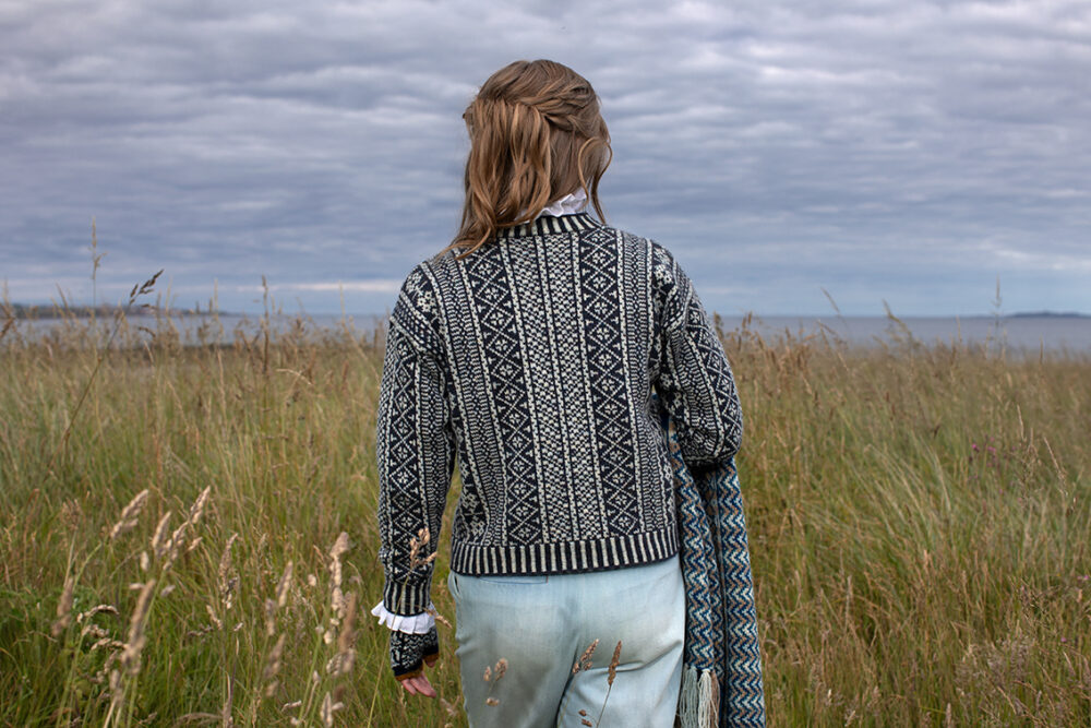 The Faroe pullover, Hirta Gloves and Ripple Wrap patterncard kit designs by Alice Starmore in Hebridean 2 Ply