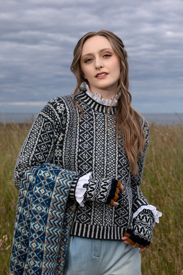 The Faroe pullover, Hirta Gloves and Ripple Wrap patterncard kit designs by Alice Starmore in Hebridean 2 Ply