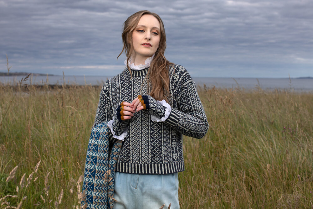 The Faroe pullover, Hirta Gloves and Ripple Wrap patterncard kit designs by Alice Starmore in Hebridean 2 Ply