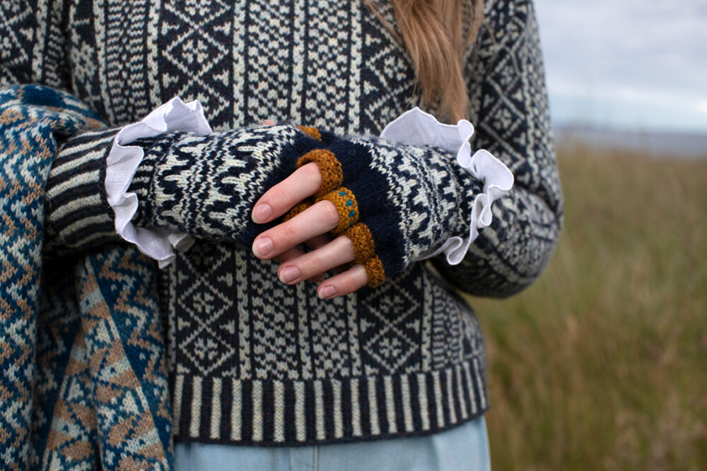 The Faroe pullover, Hirta Gloves and Ripple Wrap patterncard kit designs by Alice Starmore in Hebridean 2 Ply
