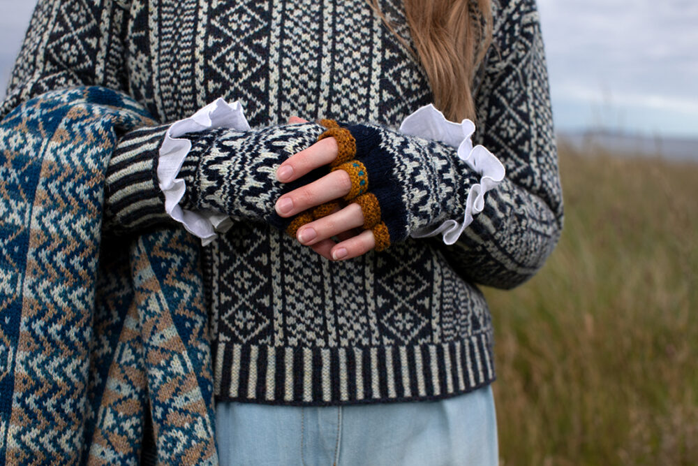The Faroe pullover, Hirta Gloves and Ripple Wrap patterncard kit designs by Alice Starmore in Hebridean 2 Ply