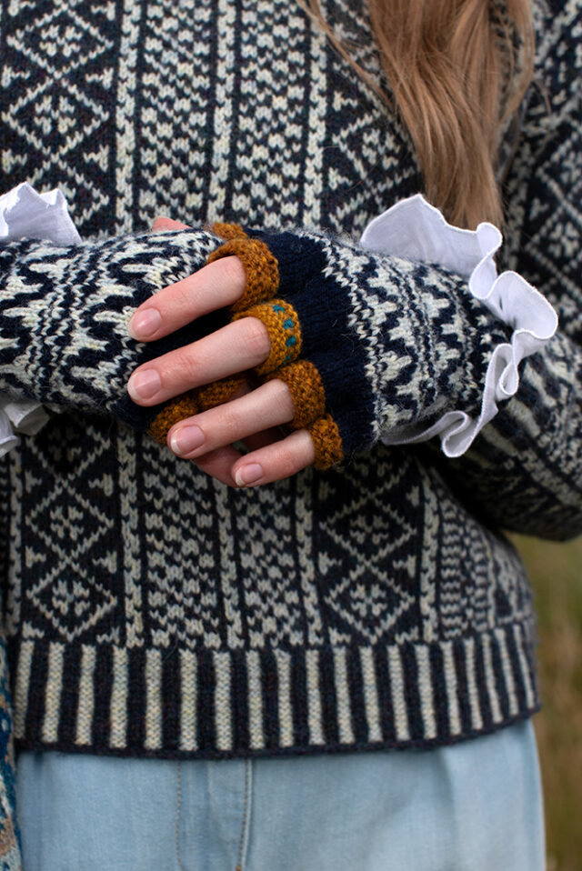 The Faroe pullover, Hirta Gloves and Ripple Wrap patterncard kit designs by Alice Starmore in Hebridean 2 Ply