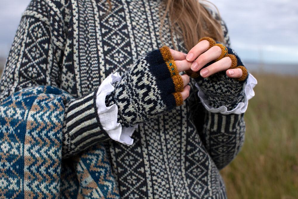 The Faroe pullover, Hirta Gloves and Ripple Wrap patterncard kit designs by Alice Starmore in Hebridean 2 Ply