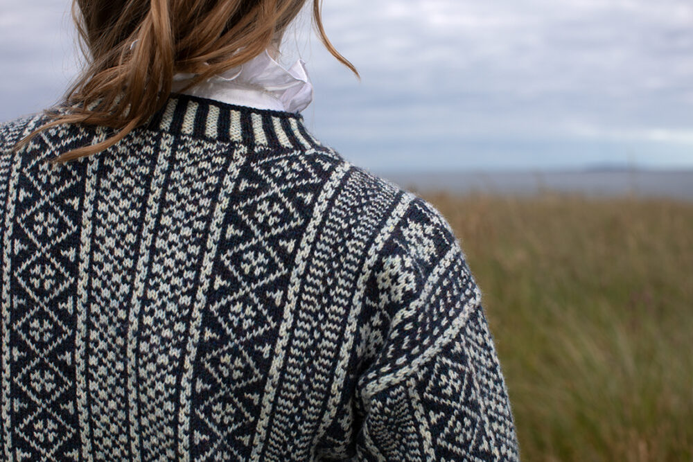 The Faroe pullover patterncard kit design by Alice Starmore in Hebridean 2 Ply