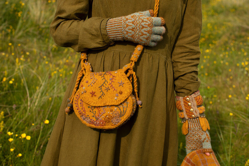 Eagle Collar, Hirta gloves, Creative Course 1 Hat, Creative Course 2 Cuff, Creative Course 3 Bag and Brecan Wrap designs by Alice Starmore in Hebridean 2 Ply