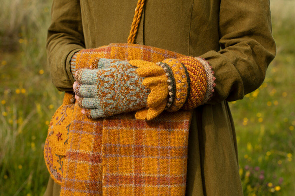 Eagle Collar, Hirta gloves, Creative Course 1 Hat, Creative Course 2 Cuff, Creative Course 3 Bag and Brecan Wrap designs by Alice Starmore in Hebridean 2 Ply