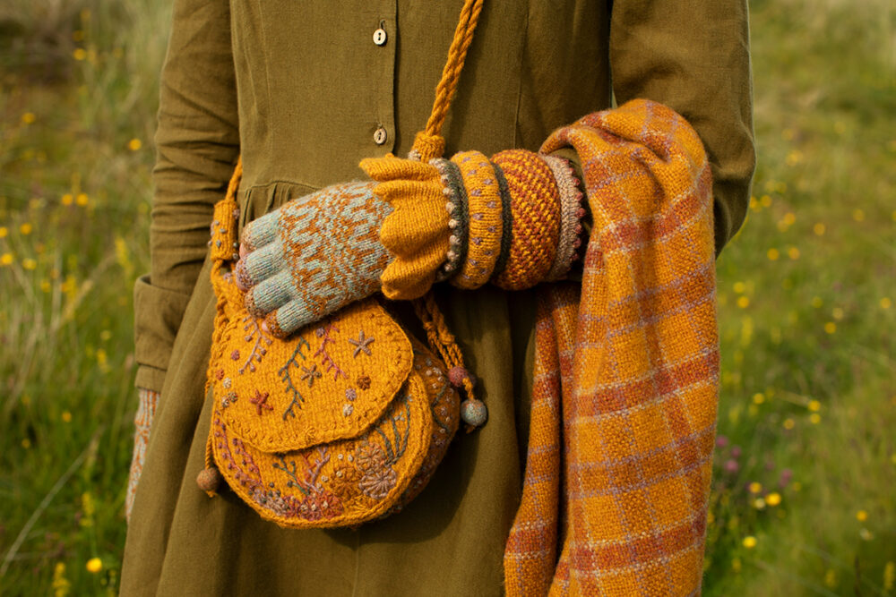 Eagle Collar, Hirta gloves, Creative Course 1 Hat, Creative Course 2 Cuff, Creative Course 3 Bag and Brecan Wrap designs by Alice Starmore in Hebridean 2 Ply