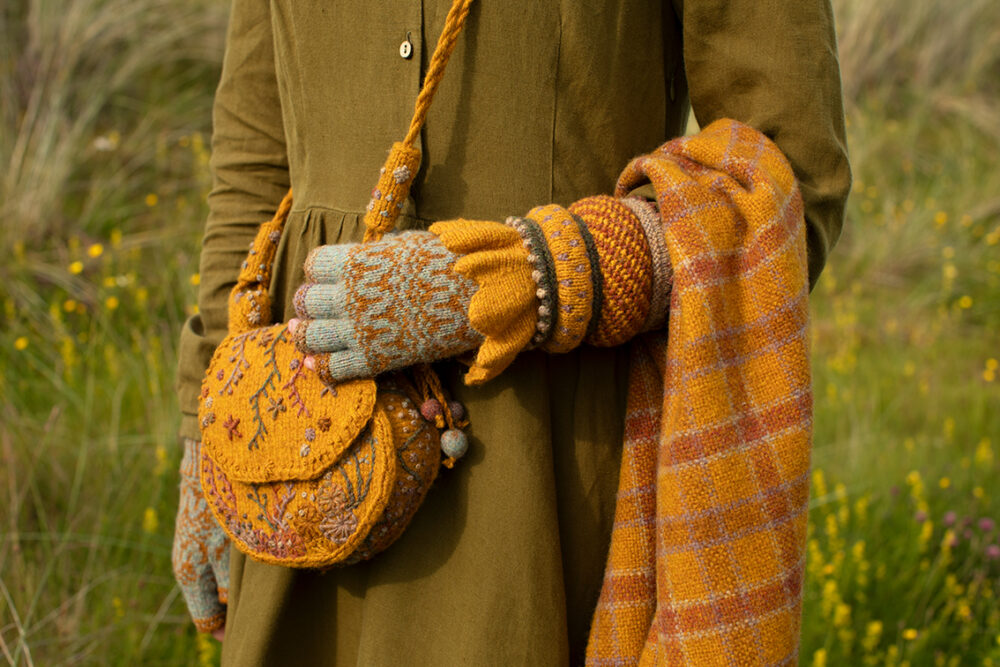 Eagle Collar, Hirta gloves, Creative Course 1 Hat, Creative Course 2 Cuff, Creative Course 3 Bag and Brecan Wrap designs by Alice Starmore in Hebridean 2 Ply