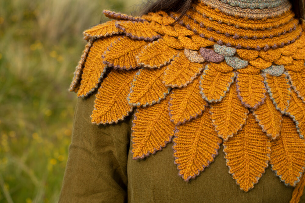 Eagle Collar, Hirta gloves, Creative Course 1 Hat, Creative Course 2 Cuff, Creative Course 3 Bag and Brecan Wrap designs by Alice Starmore in Hebridean 2 Ply