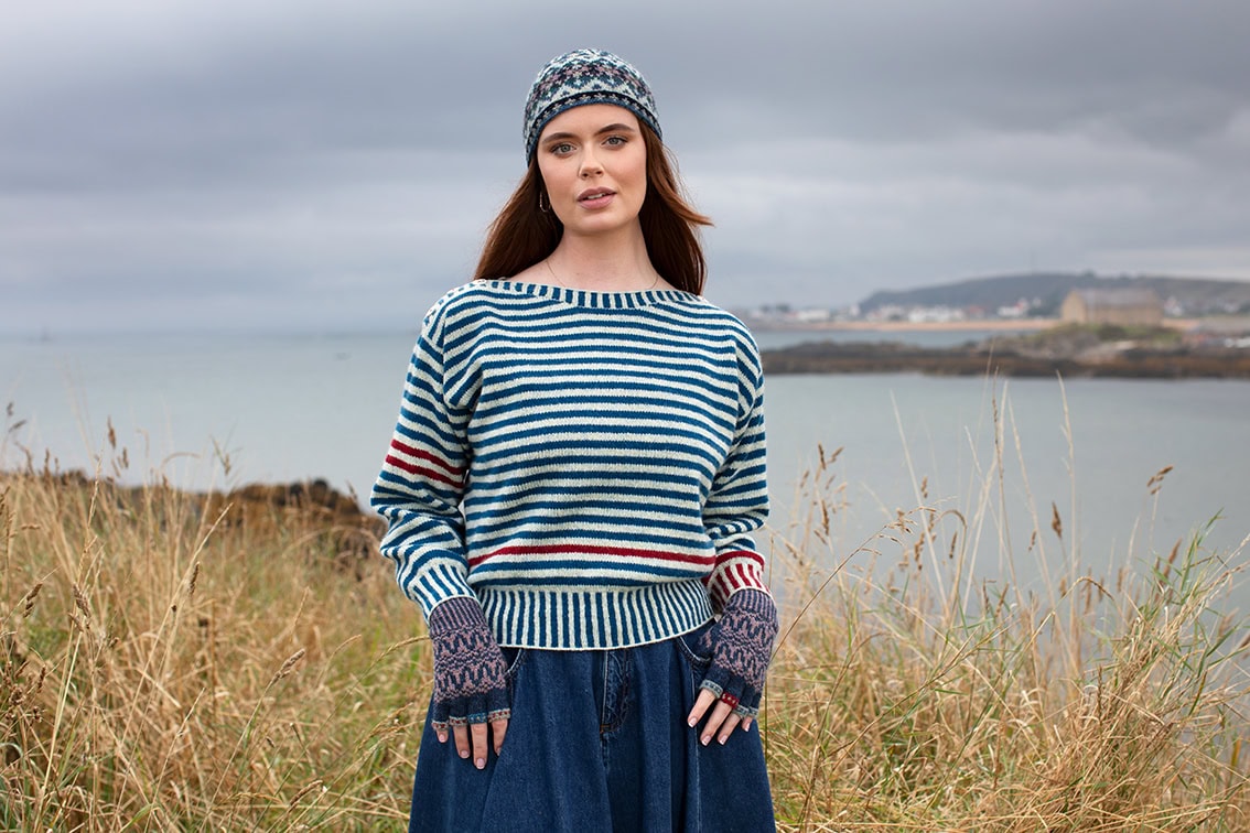 The Breton pullover, Hirta Gloves and Hat Trick patterncard kit designs by Alice Starmore in Hebridean 2 Ply