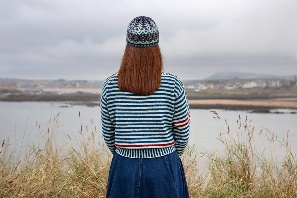 The Breton pullover, Hirta Gloves and Hat Trick patterncard kit designs by Alice Starmore in Hebridean 2 Ply