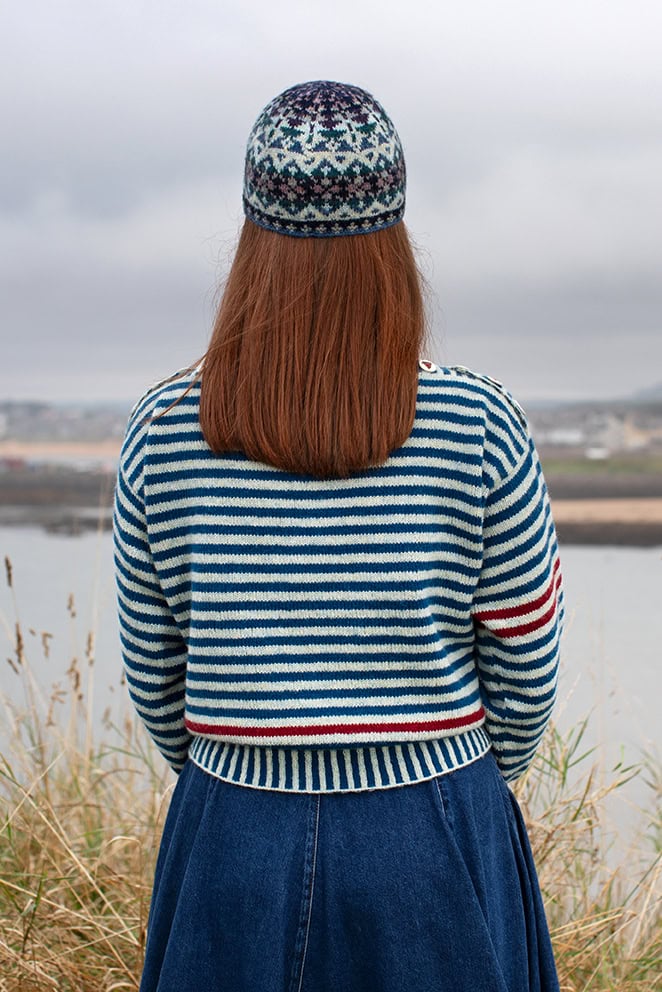 The Breton pullover, Hirta Gloves and Hat Trick patterncard kit designs by Alice Starmore in Hebridean 2 Ply