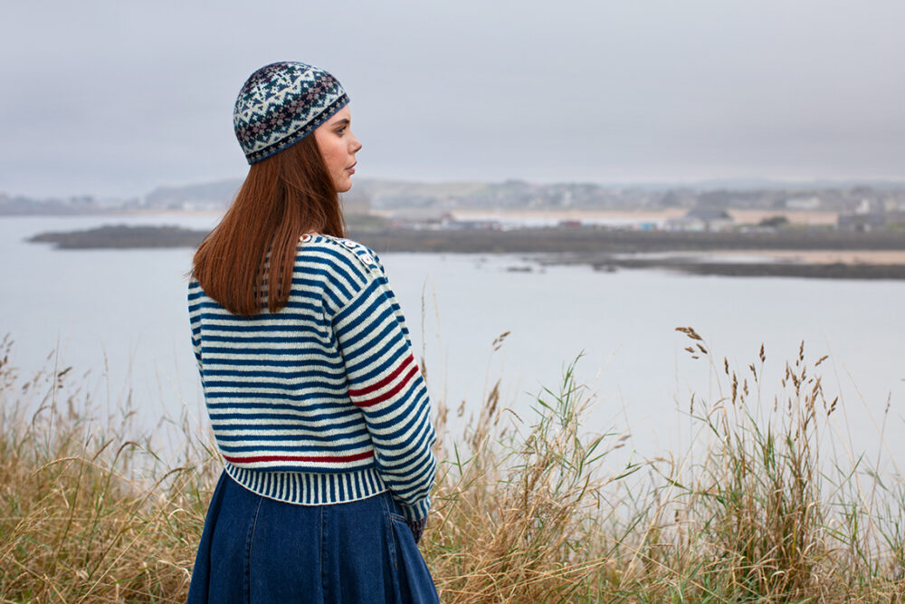 The Breton pullover, Hirta Gloves and Hat Trick patterncard kit designs by Alice Starmore in Hebridean 2 Ply