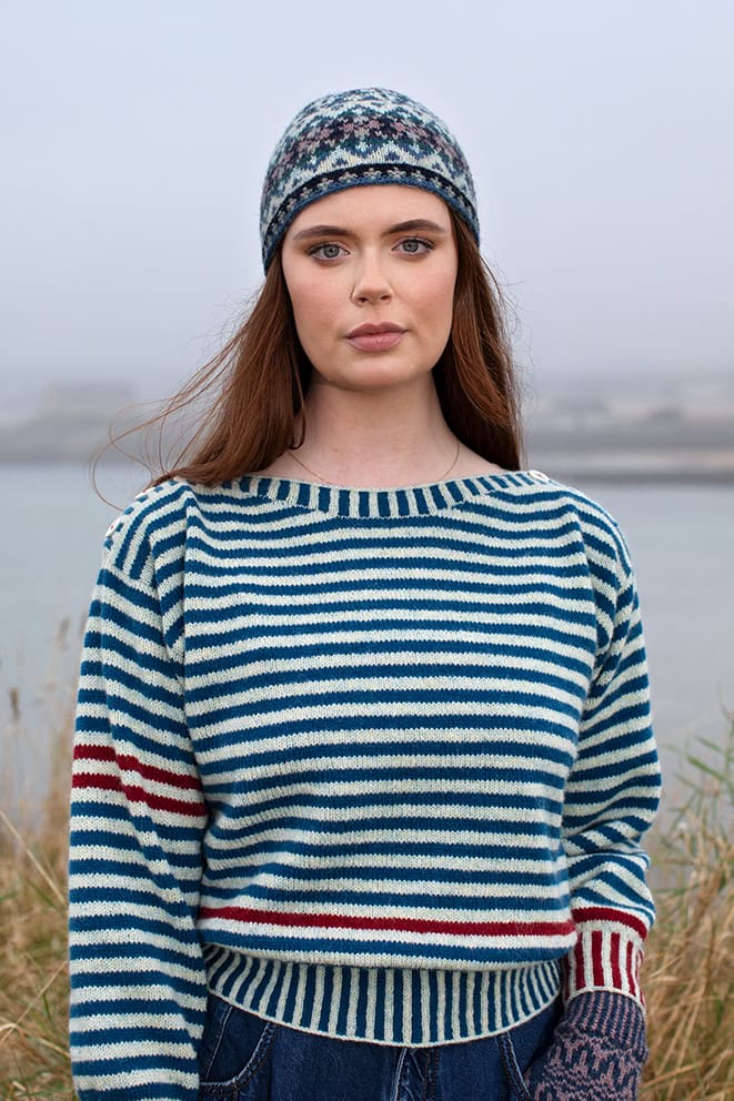 The Breton pullover, Hirta Gloves and Hat Trick patterncard kit designs by Alice Starmore in Hebridean 2 Ply