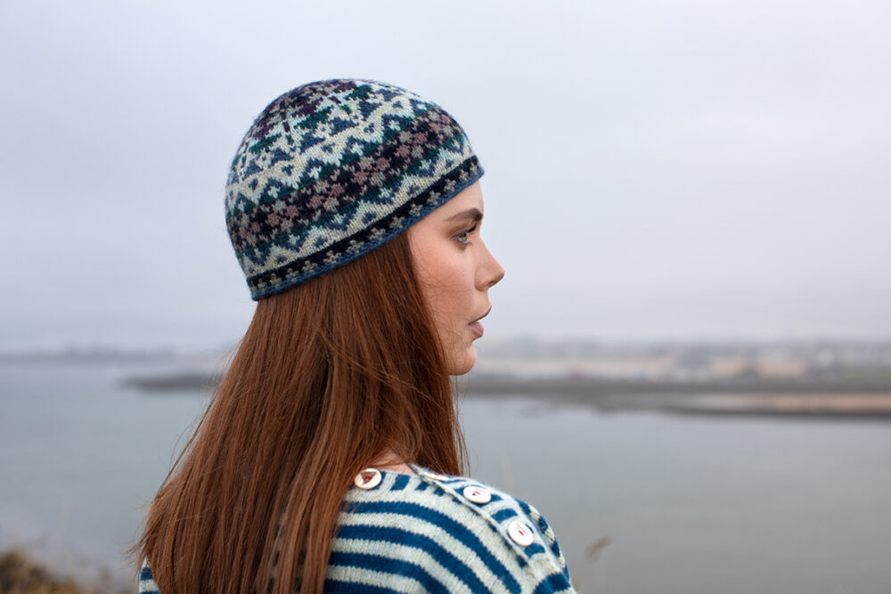 The Breton pullover, Hirta Gloves and Hat Trick patterncard kit designs by Alice Starmore in Hebridean 2 Ply