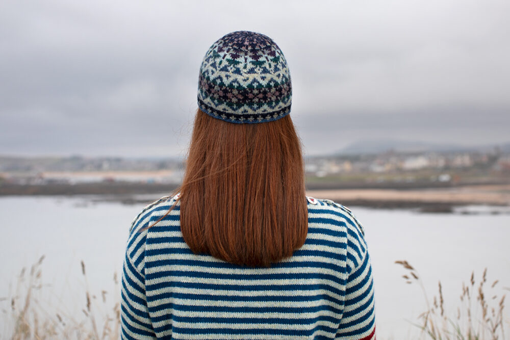 The Breton pullover, Hirta Gloves and Hat Trick patterncard kit designs by Alice Starmore in Hebridean 2 Ply