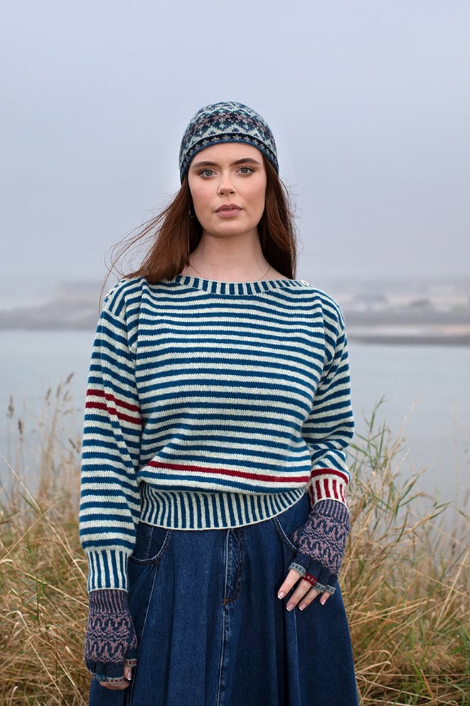 The Breton pullover, Hirta Gloves and Hat Trick patterncard kit designs by Alice Starmore in Hebridean 2 Ply