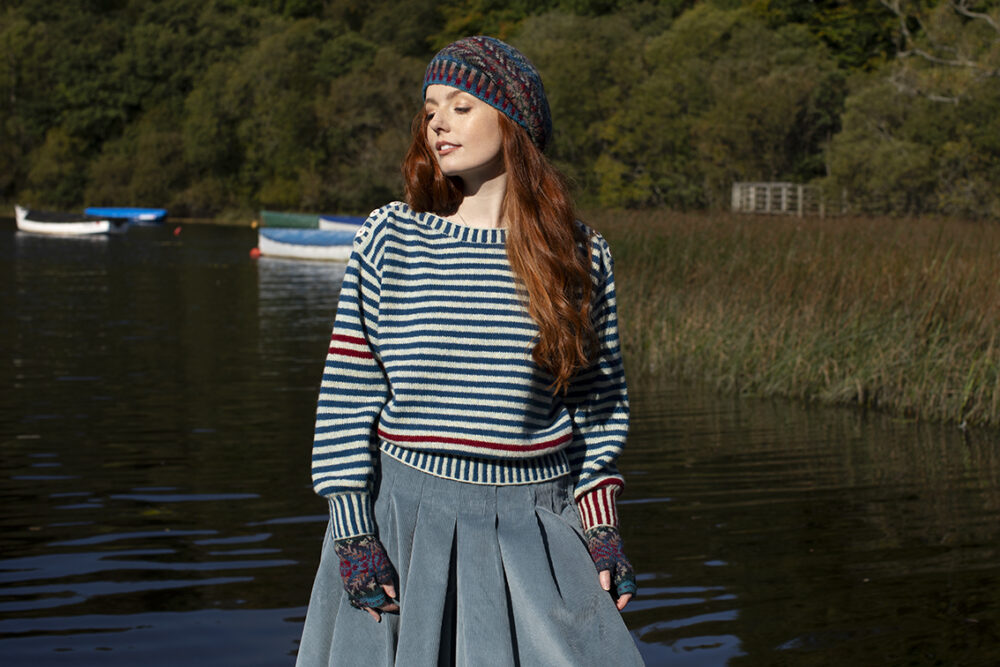 The Breton pullover and Marina Hat Set patterncard kit designs by Alice Starmore in Hebridean 2 Ply