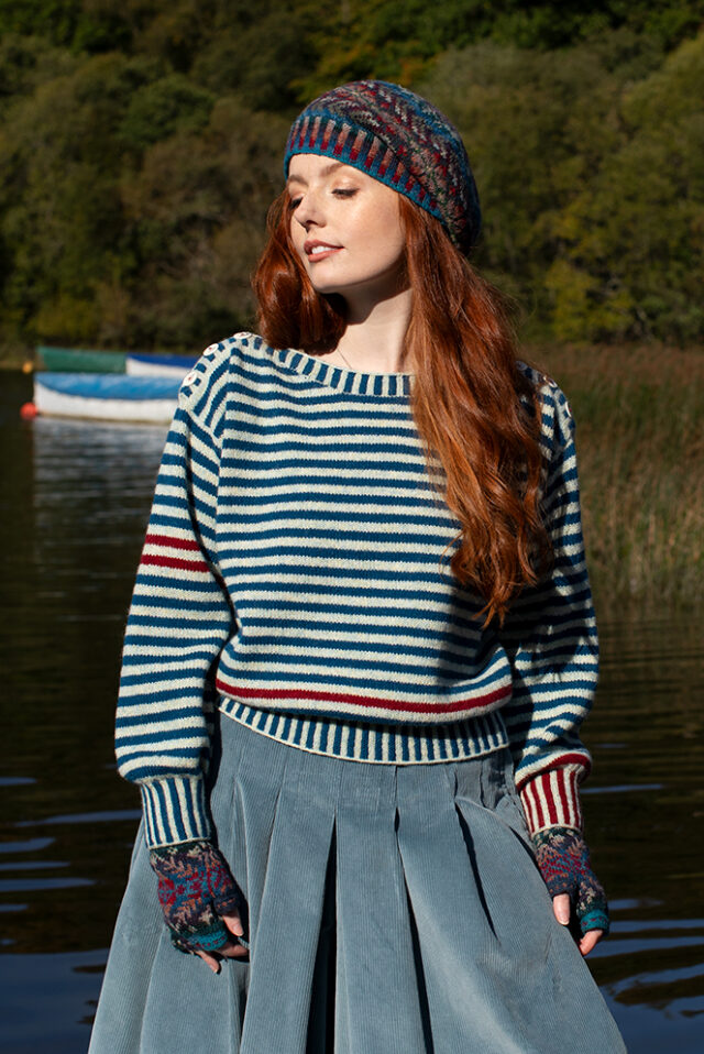 The Breton pullover and Marina Hat Set patterncard kit designs by Alice Starmore in Hebridean 2 Ply