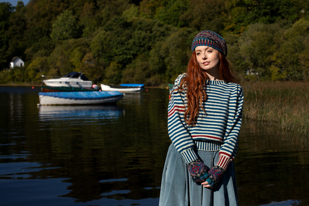 The Breton pullover and Marina Hat Set patterncard kit designs by Alice Starmore in Hebridean 2 Ply