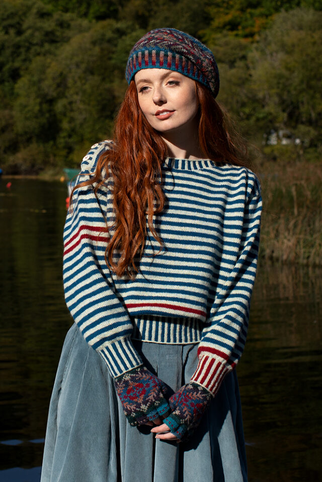 The Breton pullover and Marina Hat Set patterncard kit designs by Alice Starmore in Hebridean 2 Ply