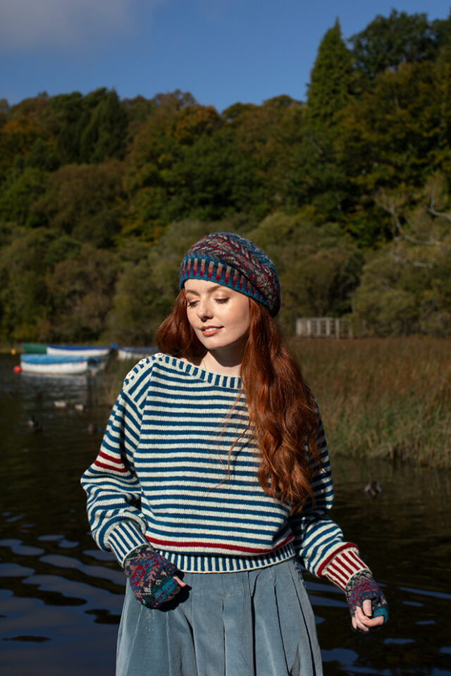 The Breton pullover and Marina Hat Set patterncard kit designs by Alice Starmore in Hebridean 2 Ply