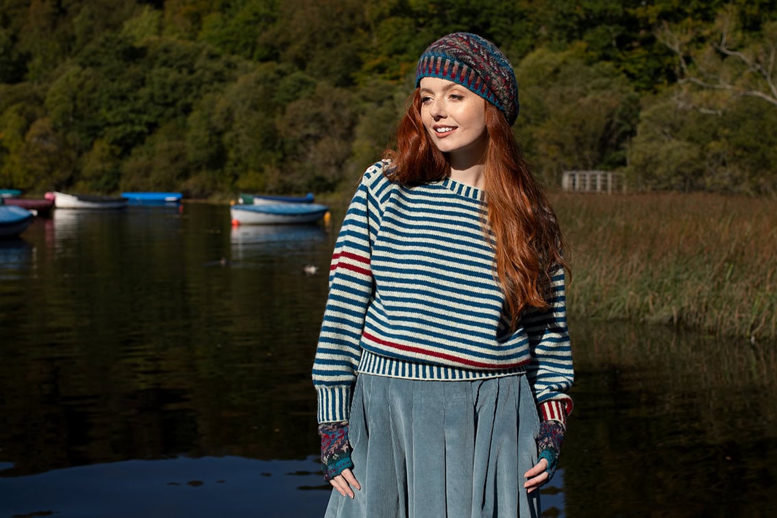 The Breton pullover and Marina Hat Set patterncard kit designs by Alice Starmore in Hebridean 2 Ply