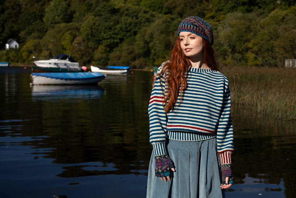 The Breton pullover and Marina Hat Set patterncard kit designs by Alice Starmore in Hebridean 2 Ply