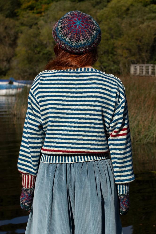 The Breton pullover and Marina Hat Set patterncard kit designs by Alice Starmore in Hebridean 2 Ply